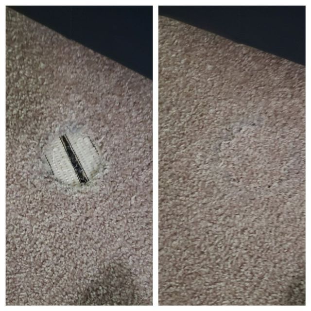 A before and after photo of a carpet with a hole in it.