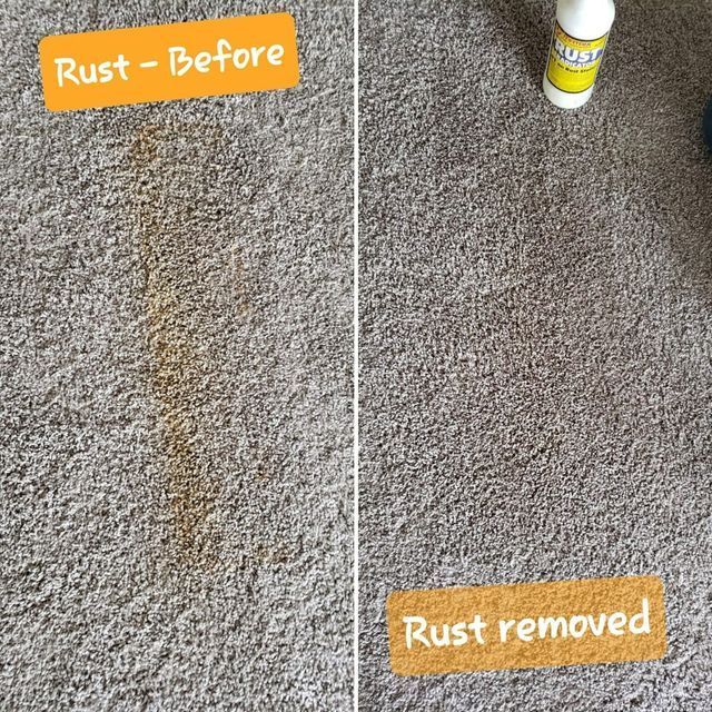 A before and after picture of a carpet with rust removed