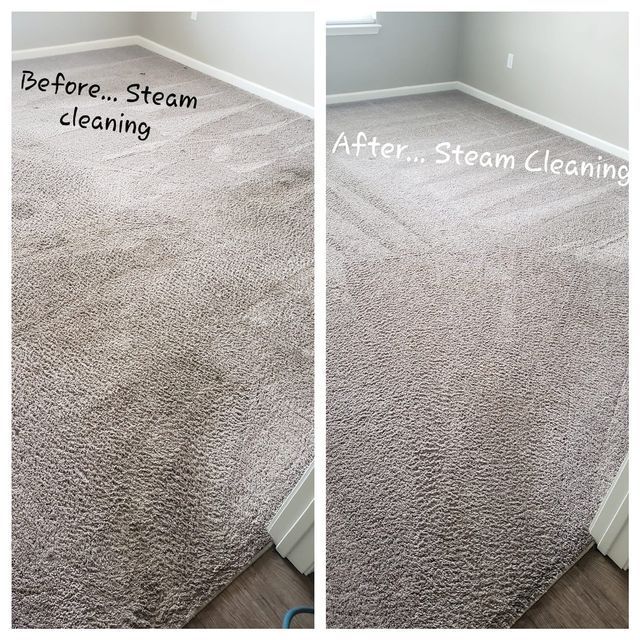 A before and after photo of a carpet being cleaned by steam cleaning.