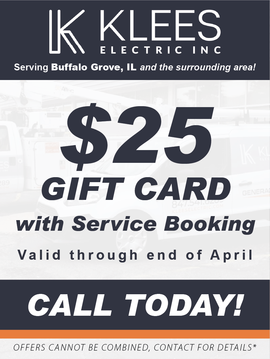 Promotional flyer for Klees Electric Inc. in Buffalo Grove, IL, offering a $25 gift card with service booked through April.