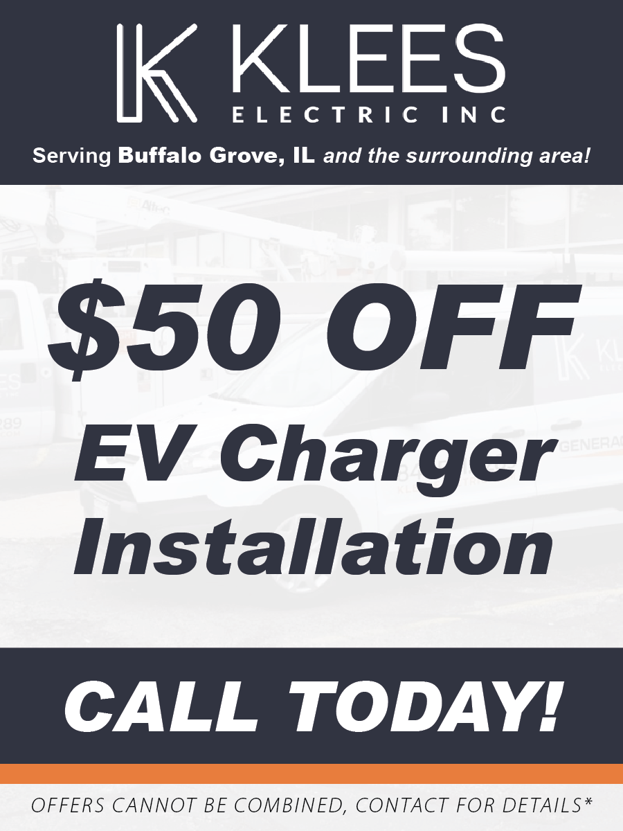 A sign that says $ 50 off ev charger installation by klees electric inc