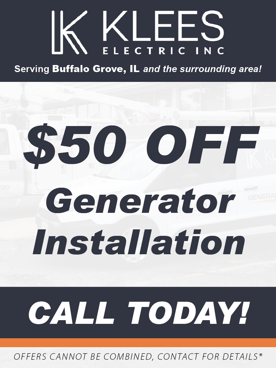 An advertisement for $ 50 off generator installation by klees electric inc