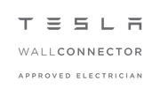 A tesla wall connector approved electrician logo on a white background.