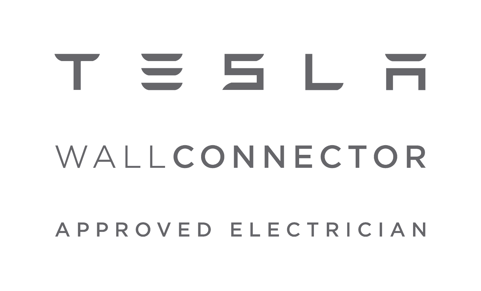 A tesla wall connector approved electrician logo on a white background.