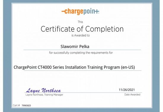 A certificate of completion for chargepoint ct4000 series installation training program