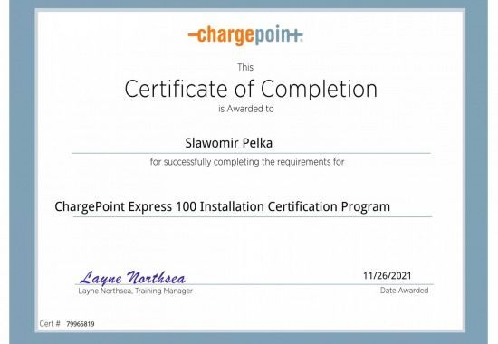 A certificate of completion for chargepoint express 100 installation certification program