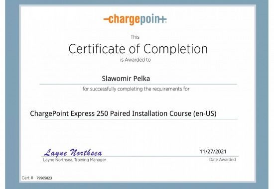 A certificate of completion for chargepoint express 250 paired installation course