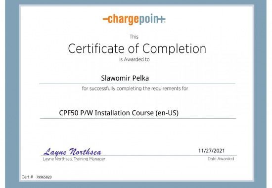 A certificate of completion for a cpf50 pw installation course