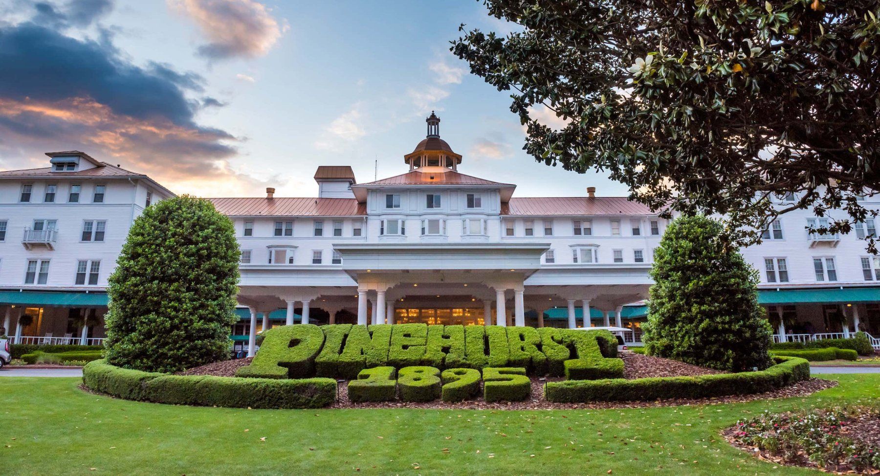 Pinehurst resort entrance, white building with 