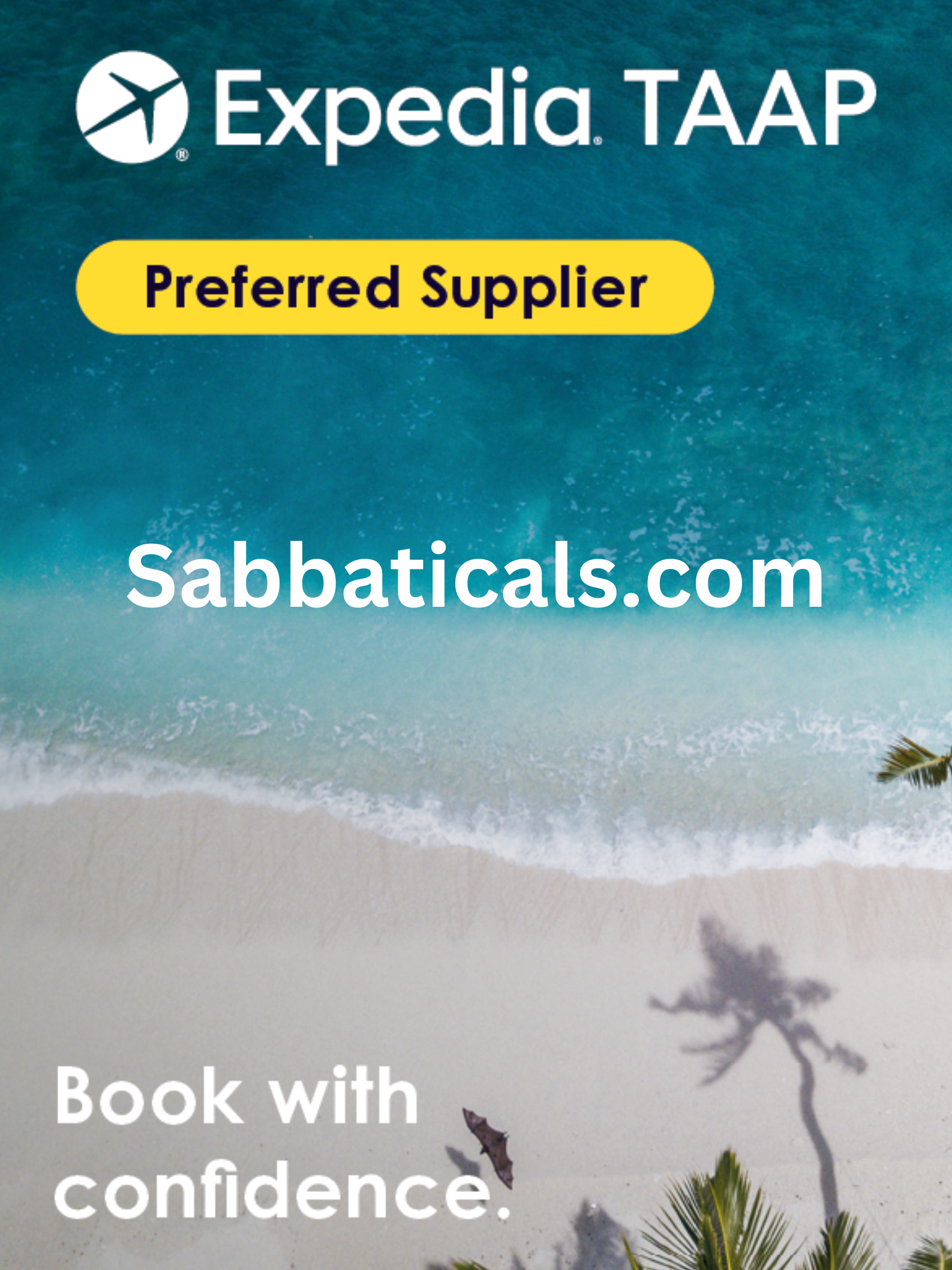 Expedia TAAP Preferred Supplier advert for sabbaticals.com, beach background.