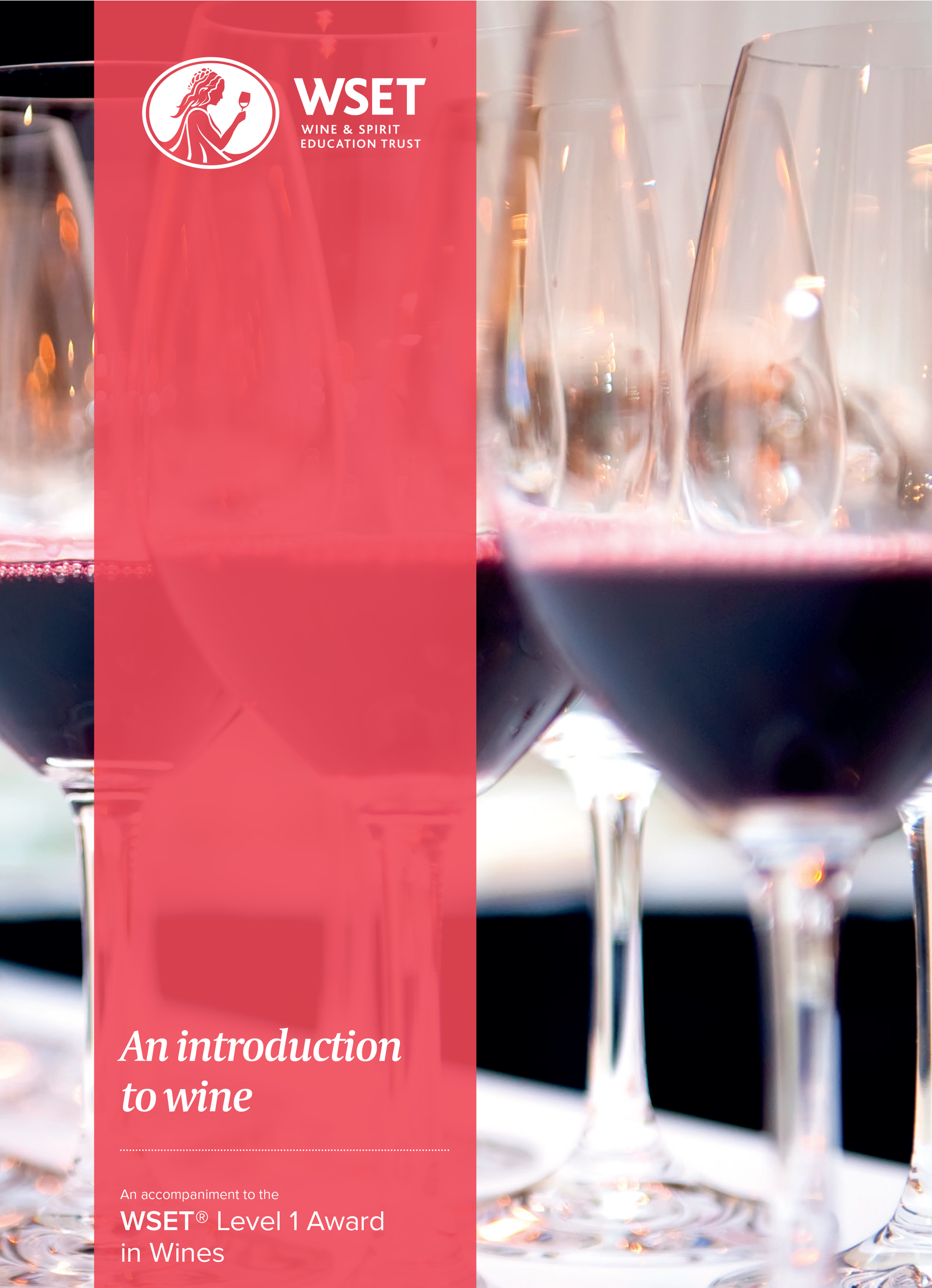 Book cover: Red wine glasses. WSET logo on a pink background. 