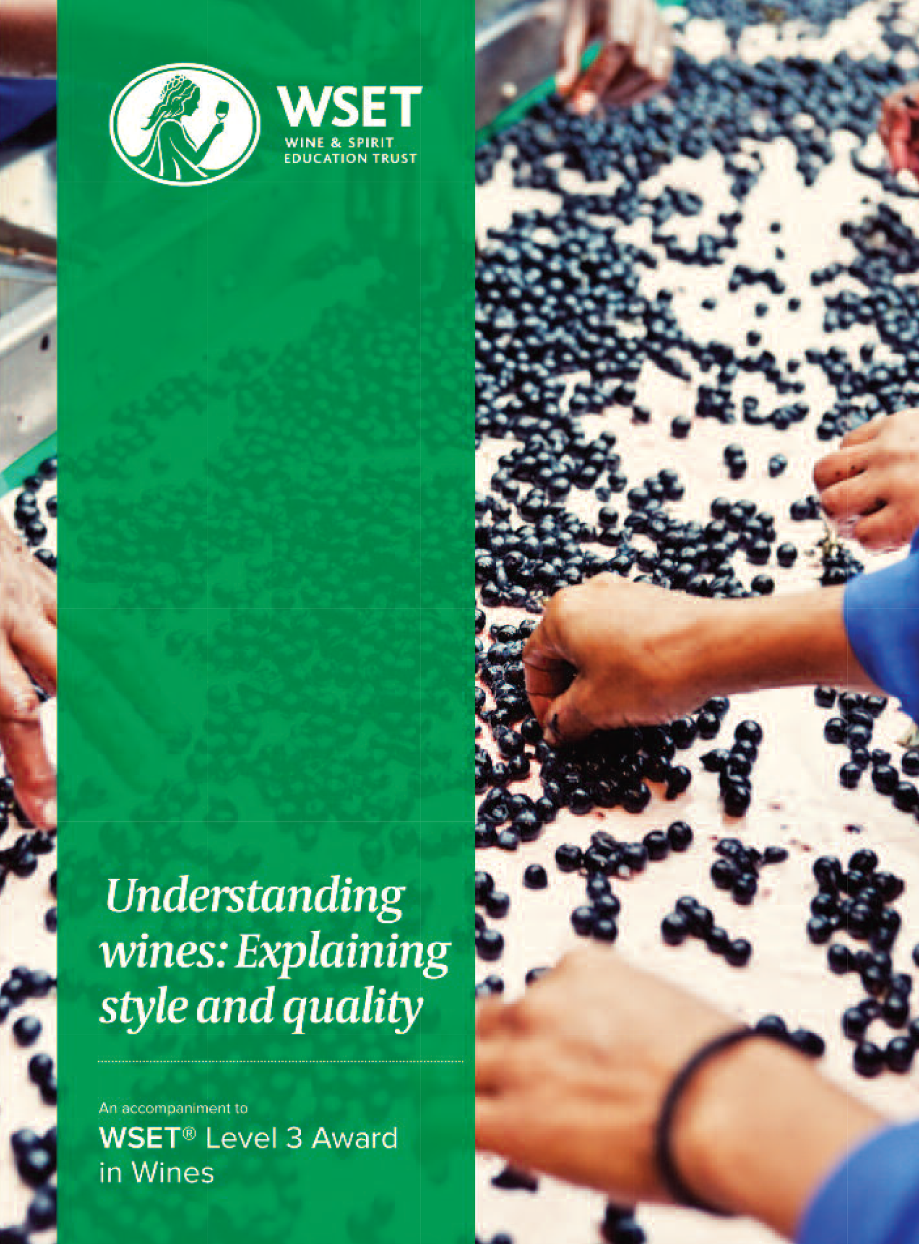 Hands sorting grapes, with a WSET book cover: 