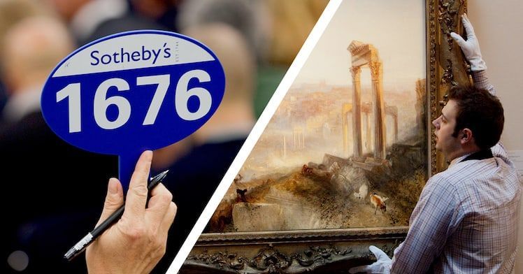 Person holding Sotheby's auction paddle with number 1676, next to person handling a framed painting.