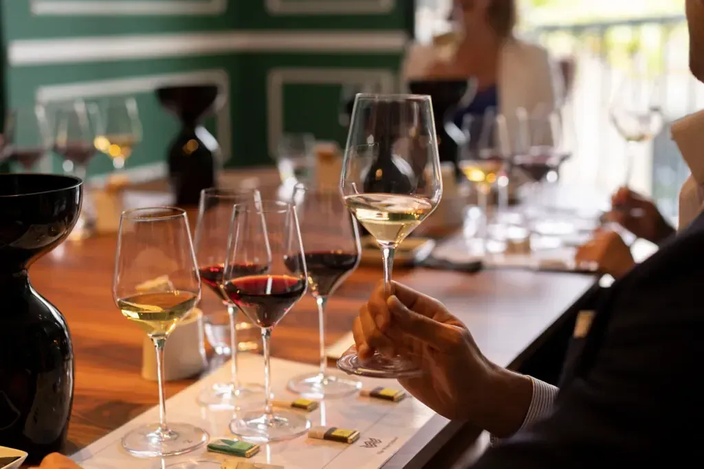 Person holding a wine glass, wine tasting with several glasses of red and white wine on a table.