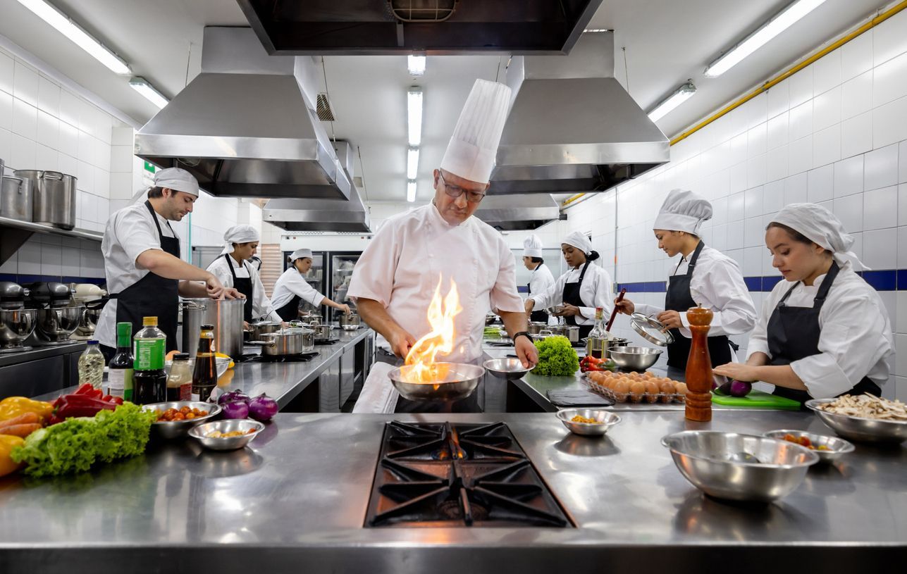 Chefs in a commercial kitchen, flames erupt from a pan. Stainless steel surfaces, bright lights, and various ingredients.