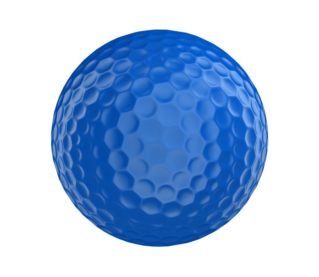 Blue golf ball with dimples.