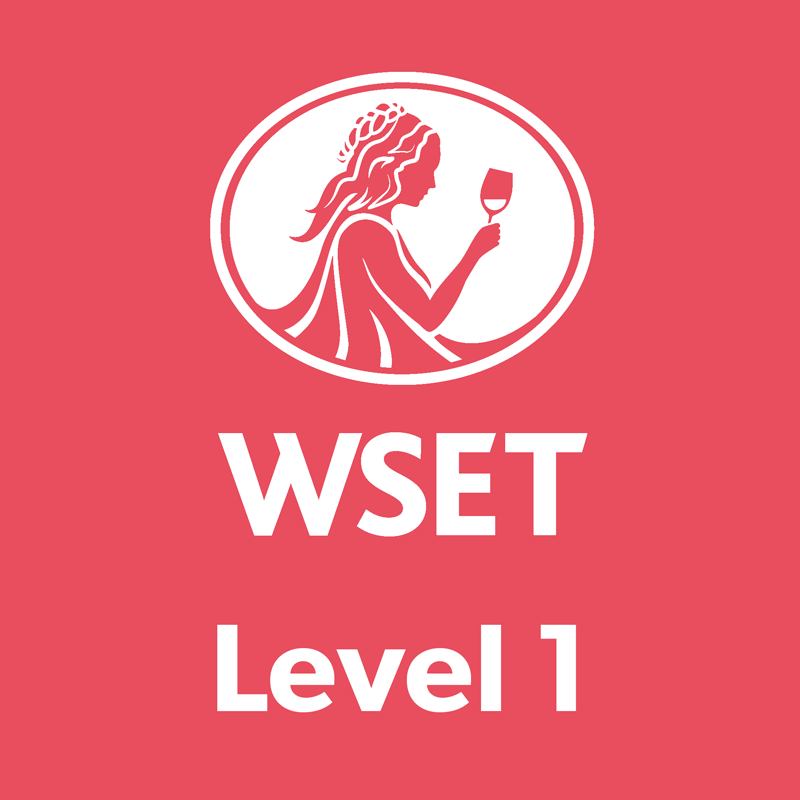 Pink background with the WSET Level 1 logo: a woman in a white circle is tasting wine.