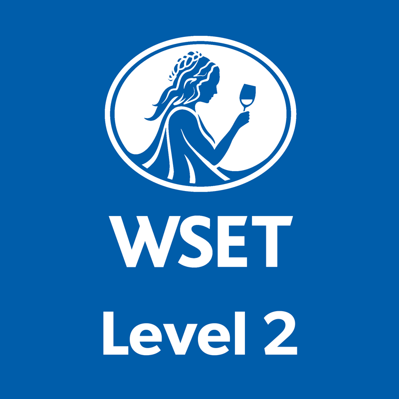 White WSET Level 2 logo on blue background. Silhouette of a woman with wine glass inside a circle.