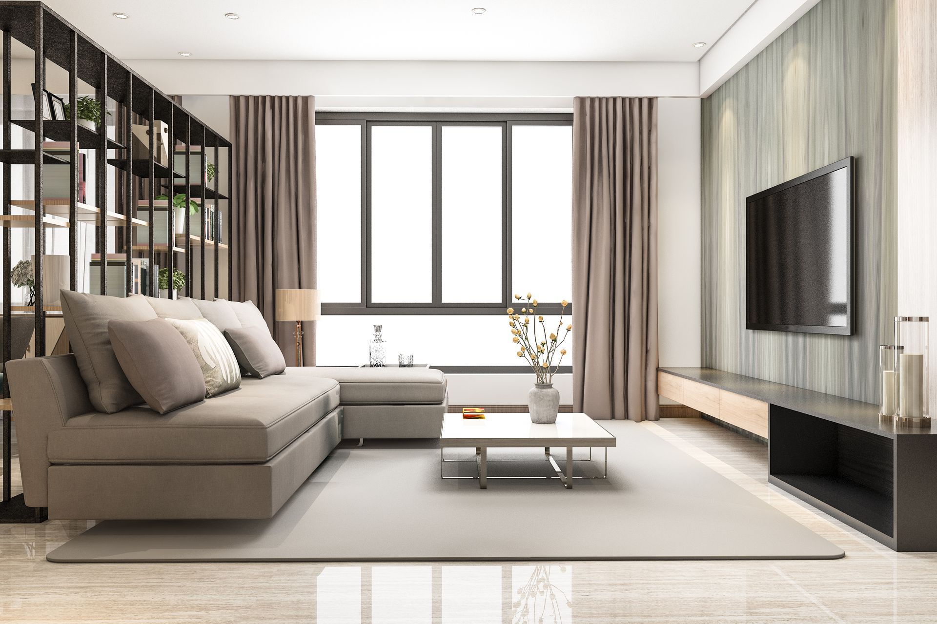 Modern living room with beige sectional sofa, wall-mounted TV, and large windows with curtains