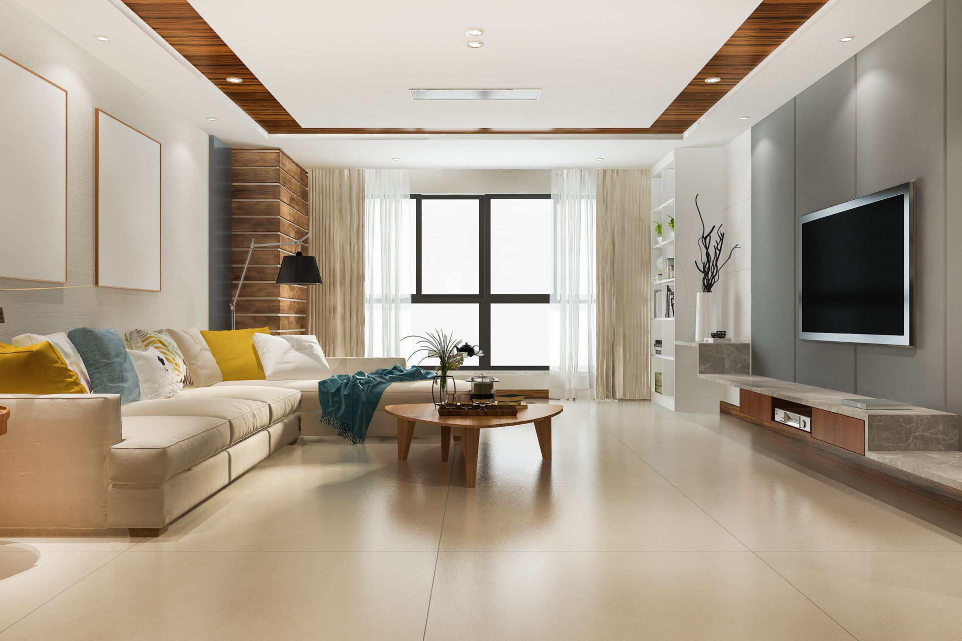Modern living room with beige sofa, wooden coffee table, wall-mounted TV, and large window with curtains