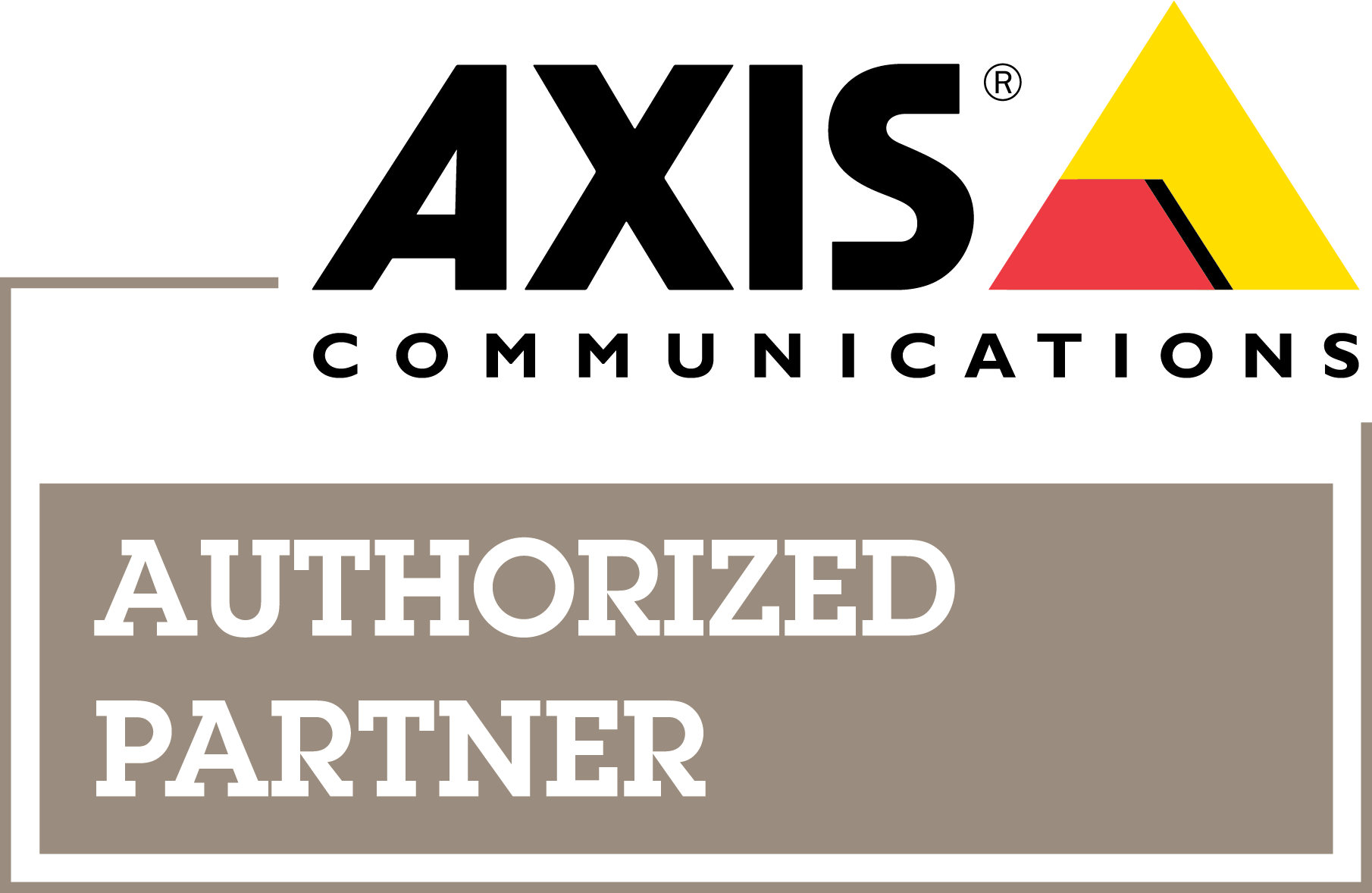 AXIS Communications Authorized Partner logo with gray and white badge and yellow-red triangle icon