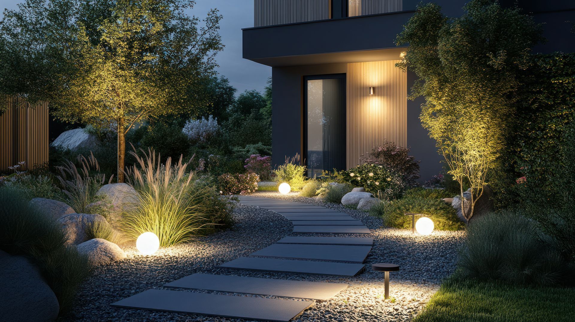 Modern house entrance at dusk with lit path lights, shrubs, and warm porch lighting