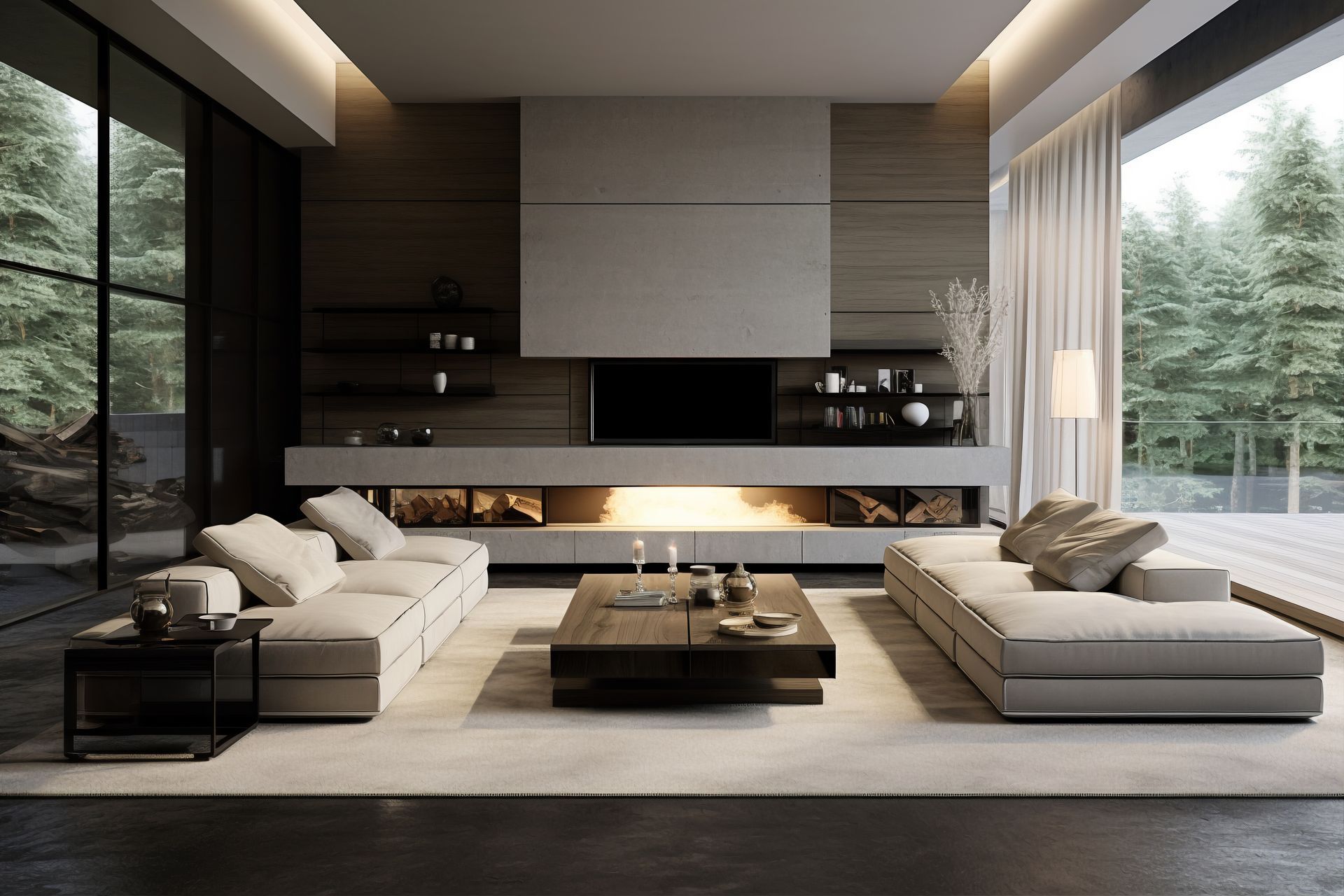 Modern minimalist living room with low sofas, large fireplace, and floor-to-ceiling windows overlooking trees