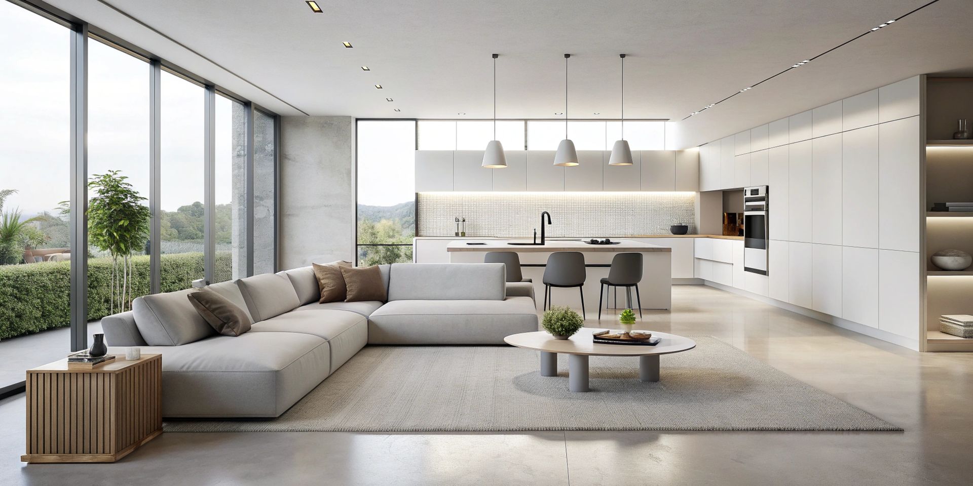 Modern open-plan living room and kitchen with large windows, beige sectional sofa, and minimalist white decor
