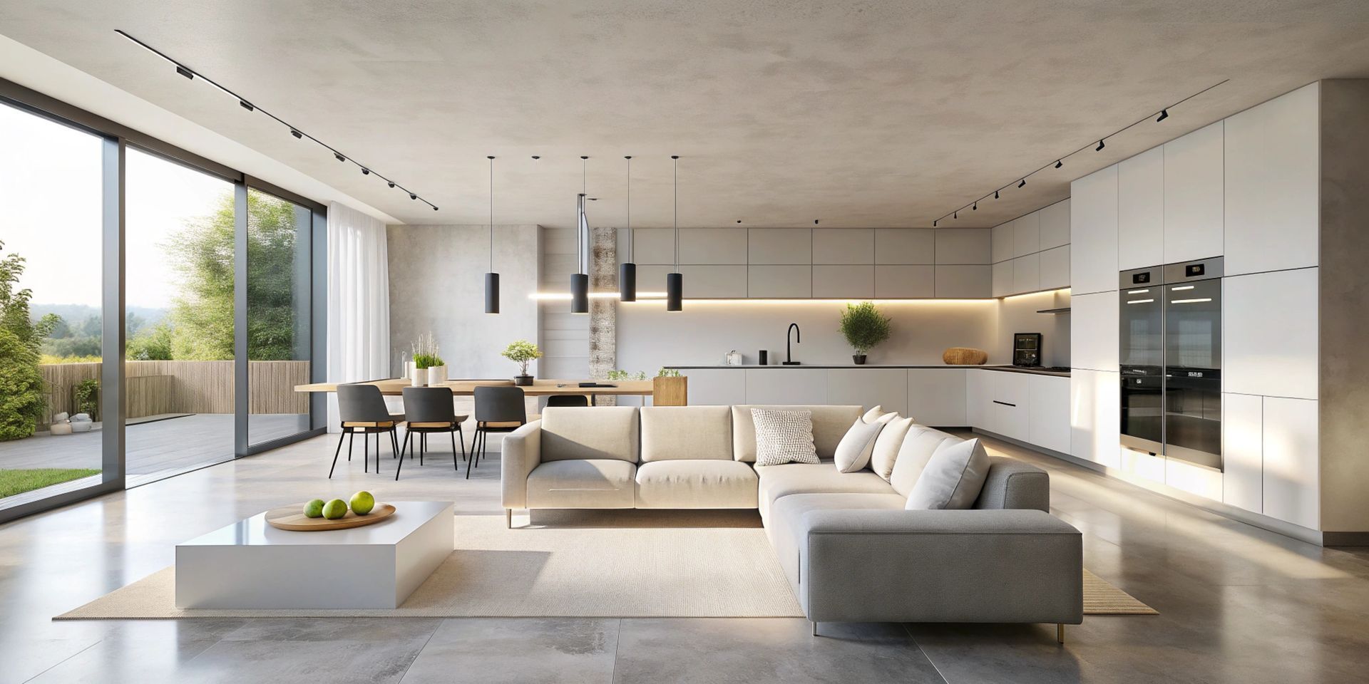 Modern open-plan living room with beige sectional, dining area, and floor-to-ceiling windows.