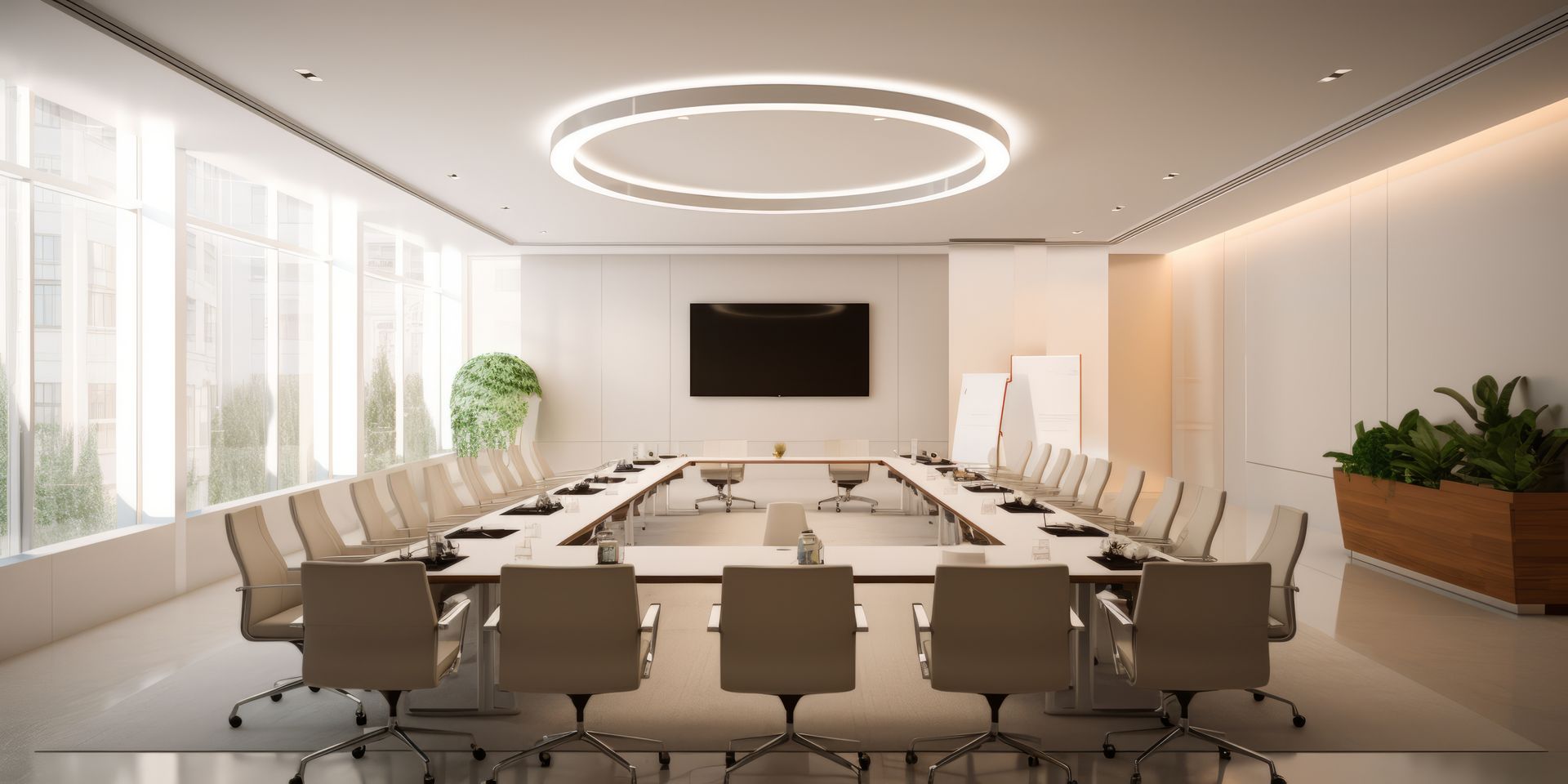 Modern conference room with long table, beige chairs, wall screen, and bright windows