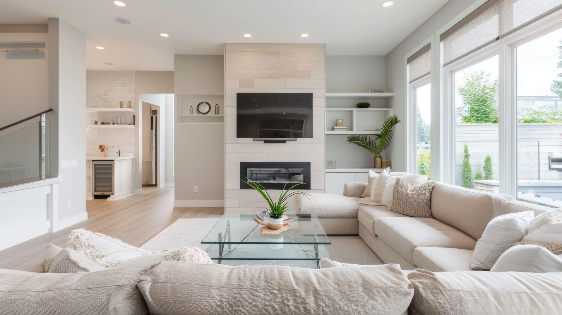 Bright modern living room with white sofas, fireplace, built-in TV, and large windows