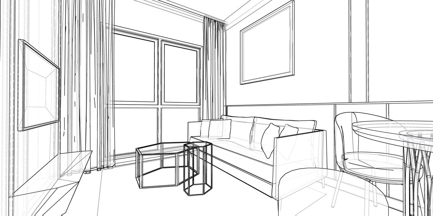 Disegno a tratteggio dell'interno di un soggiorno con divano, tavolo, finestra e TV.