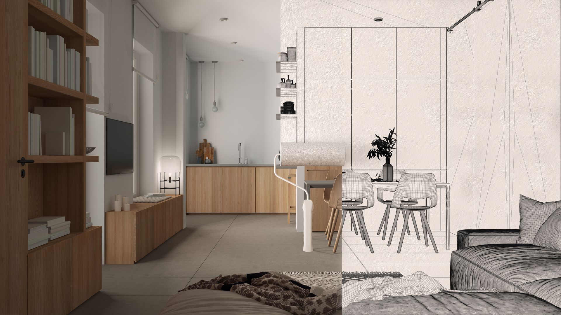 Vista divisa di un appartamento moderno: da un lato foto a colori, dall'altro lato disegno abbozzato; mobili in legno.