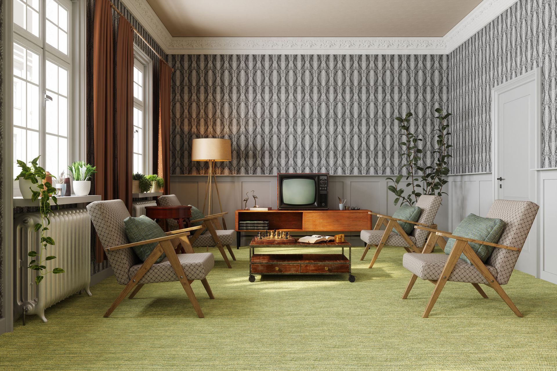 Soggiorno retrò con carta da parati a motivi, mobili in legno e tappeto verde.