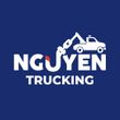 White text "NGUYEN TRUCKING" on a blue background, featuring a truck silhouette and a red "U" in the word "NGUYEN."