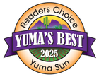 Readers Choice badge for Yuma’s Best 2025, with orange, purple, green, and black design; Yuma Sun on ribbon