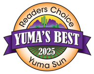 Readers Choice badge for Yuma’s Best 2025, with orange, purple, green, and black design; Yuma Sun on ribbon