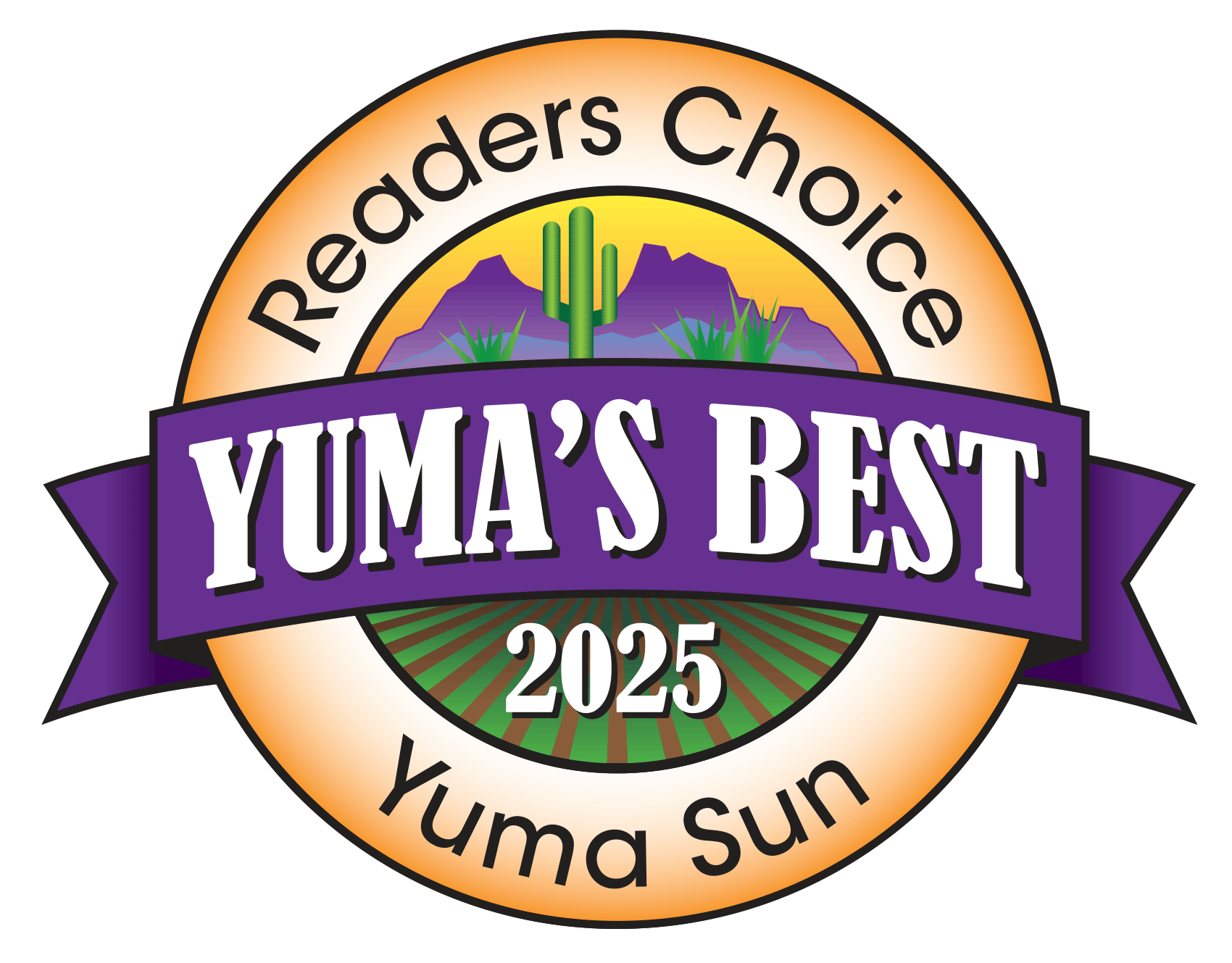 Readers Choice badge for Yuma’s Best 2025, with orange, purple, green, and black design; Yuma Sun on ribbon Readers Choice badge for Yuma’s Best 2025, with orange, purple, green, and black design; Yuma Sun on ribbon