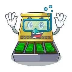 Cash register cartoon wearing snorkel and mask, raising gloved hands with cash in the tray.