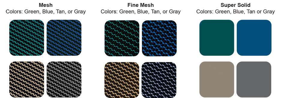 Color swatches of fabrics: mesh, fine mesh, and super solid in green, blue, tan, and gray.