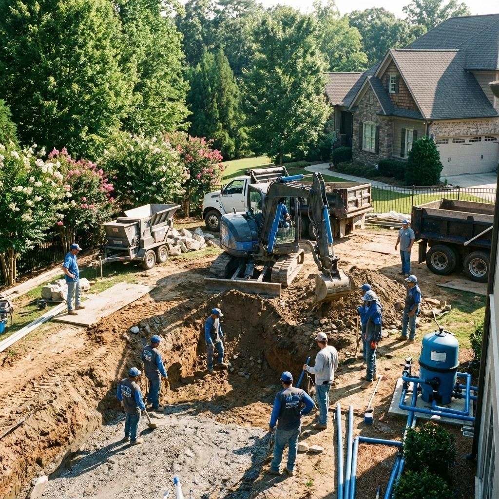 Ocean with dolphins jumping, swimming pool with chairs and umbrella.