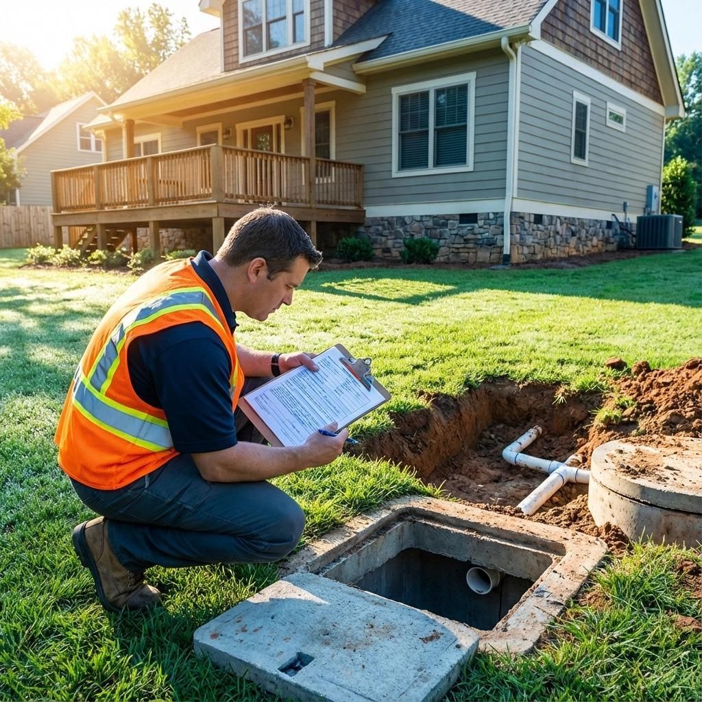 Man inspecting a septic tank with clipboard near a house on a sunny day.