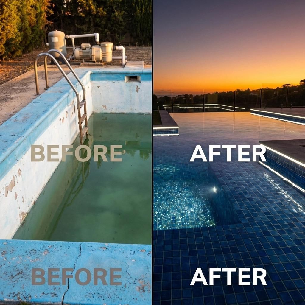 Before and after comparison of a pool. Left: neglected, green water. Right: renovated, illuminated blue tiles with sunset.