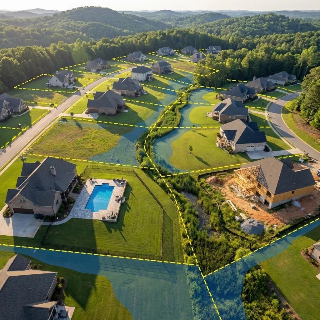 Aerial view of a suburban neighborhood with houses, a stream, trees, and plots marked with yellow lines.