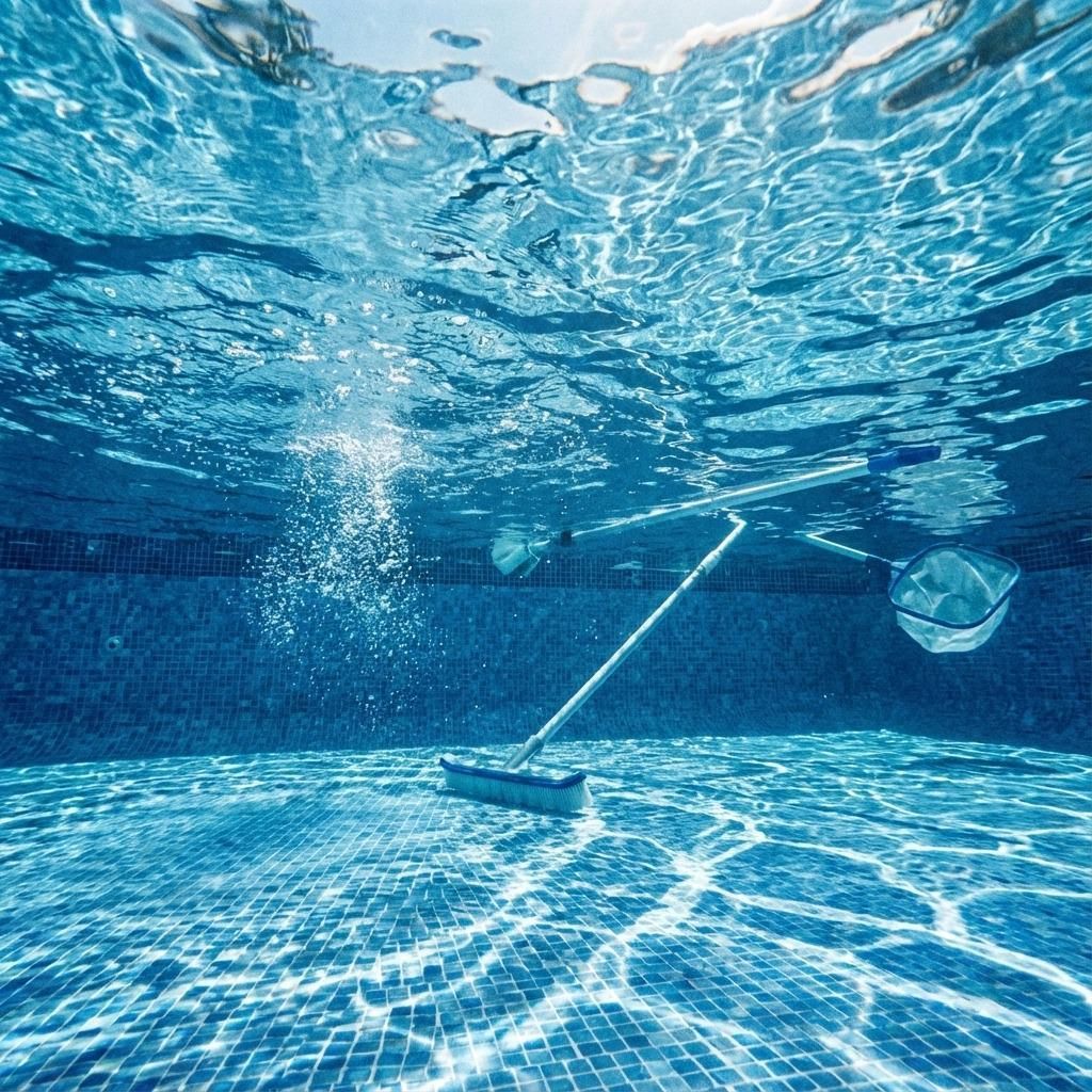 Underwater view of a pool with a cleaner. Bubbles rise; sunlight sparkles on blue tiled bottom.