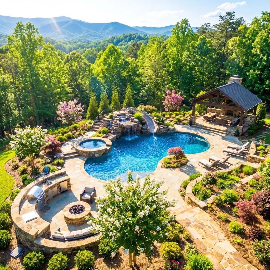 A young child wearing a swimsuit and swim cap, jumping into a pool with a flotation device.