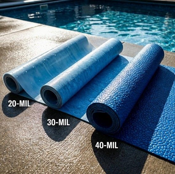 Three rolled blue pool liners of varying thicknesses (20-MIL, 30-MIL, 40-MIL) on a pool deck next to a pool.