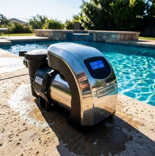 Pool pump with a digital display, on a concrete deck next to a pool.
