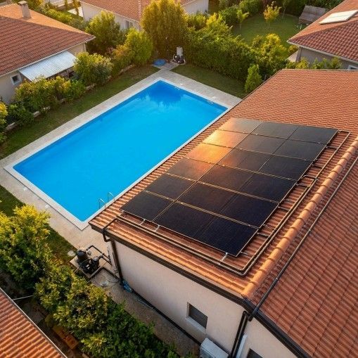 Solar panels on a terracotta roof above a pool. Trees surround the backyard.