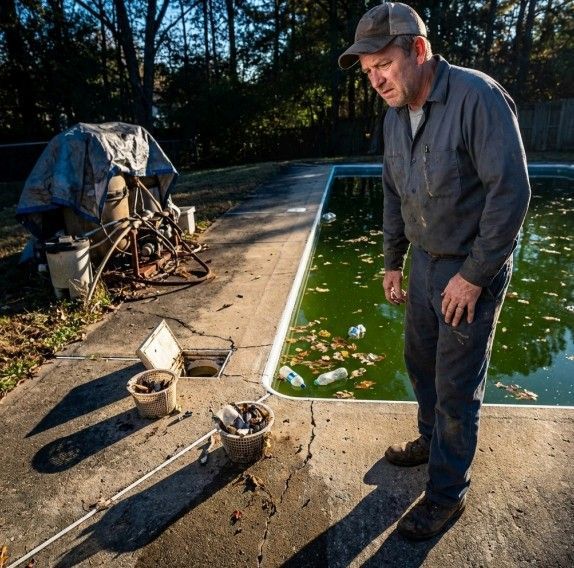 Man in jumpsuit looks at a green, algae-filled pool, pool equipment covered nearby.